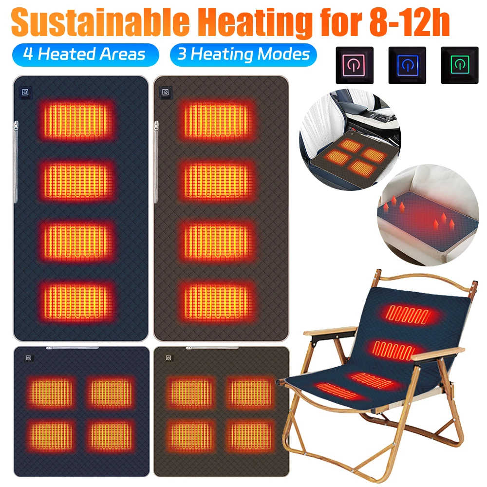 4 Heating Areas Electric Heated Chair Cushion Outdoor Heated Seats Cushion USB Charging 3 Modes Heating Mat Winter Warmer Pad