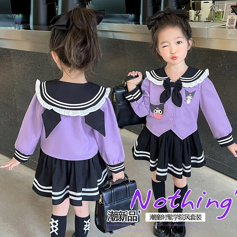 Girls Kuromi Jk Uniform 2Pcs Set Cute Sanrios Spring Autumn College Style Shirt Pleated Skirt Set Preppy Style Kids Clothes Gift