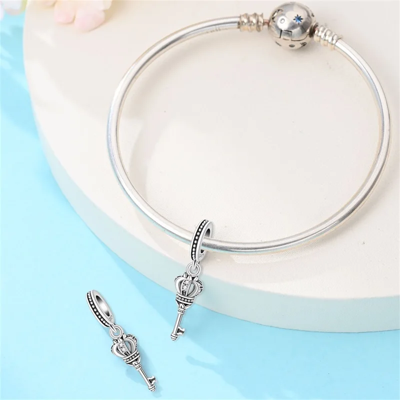 925 Sterling Silver Charms Pendant CZ Zircon Vintage Crown Key Pendant Dangle Fit Original Bracelet DIY Women Jewelry Gift
