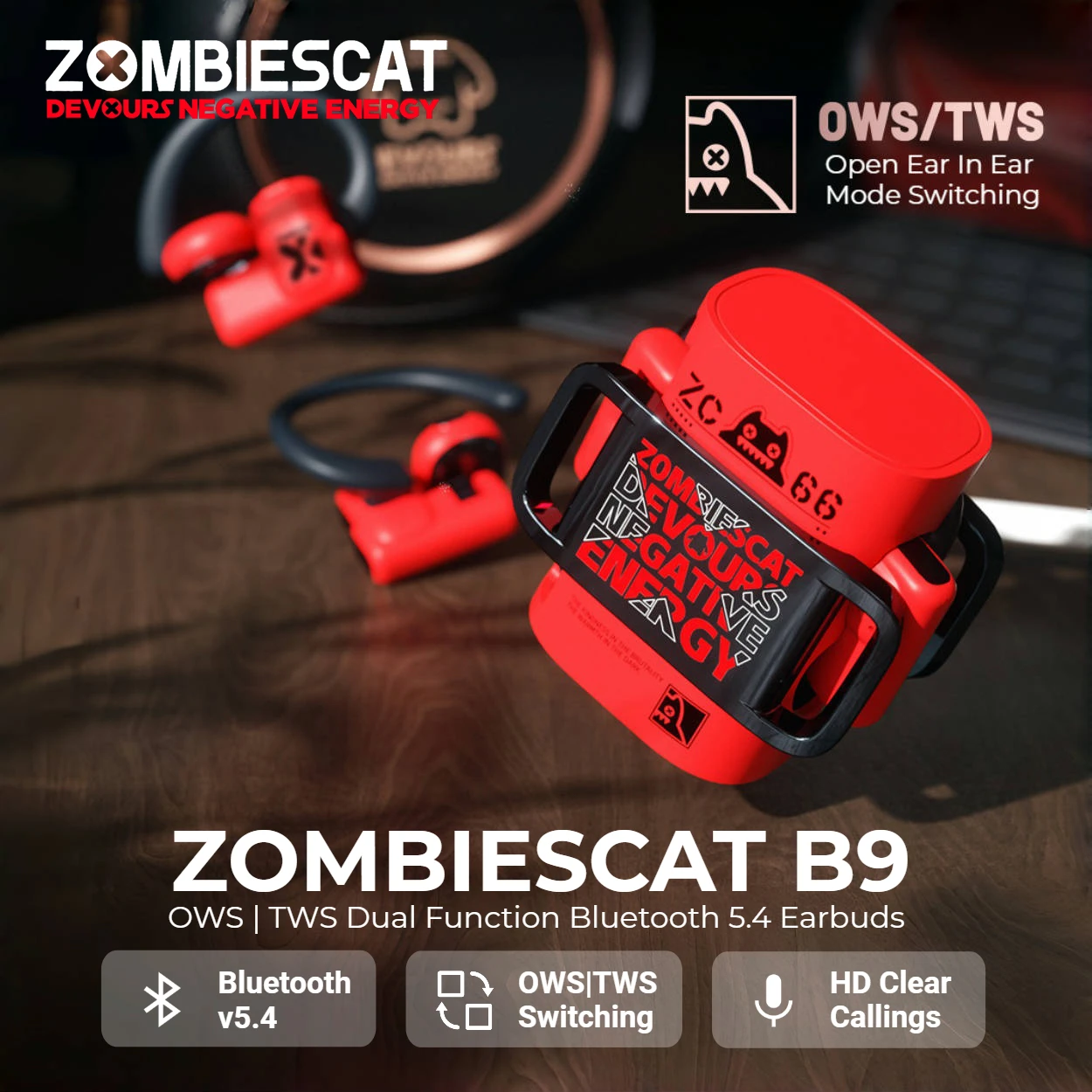 

Zombiescat B9 OWS TWS Bluetooth Earbuds Open/In Ear Dual Mode Ture Wireless Earphones HD Calls Bluetooth 5.4 Headphone with Mic