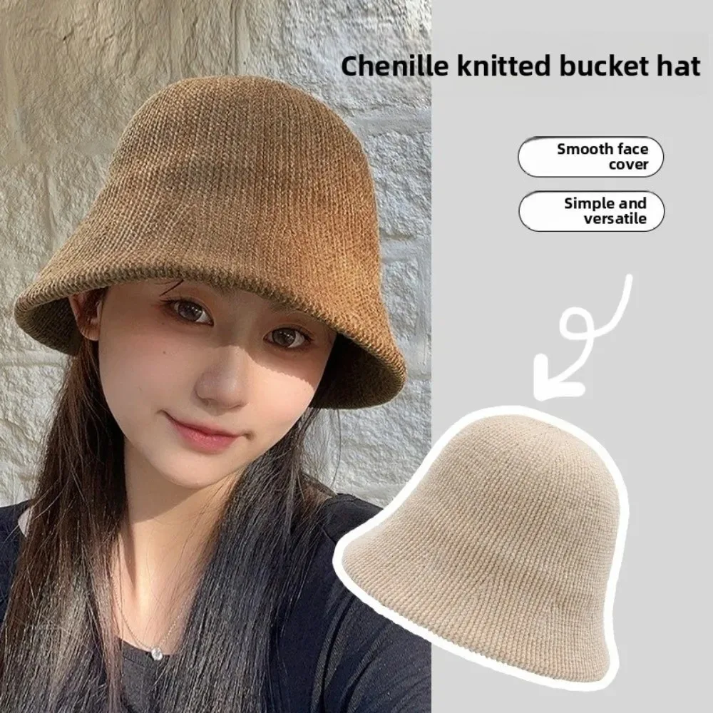 

Sweet Chenille Knitted Fisherman Hat Solid Color Cold-proof Women Panama Cap Korean Style Ear Warmer Bucket Hat Outdoor