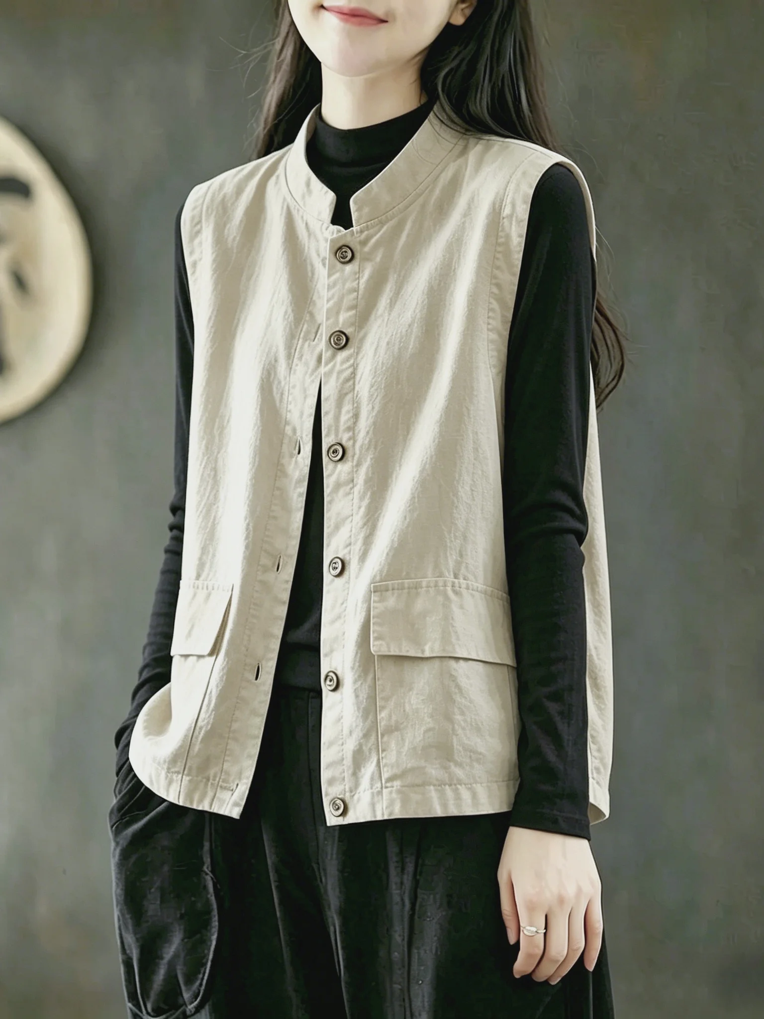 Casual Cotton Linen Blend Vest Women's Summer Autumn Lightweight Loose Fit Multi-Pocket Stand Collar Layering Top