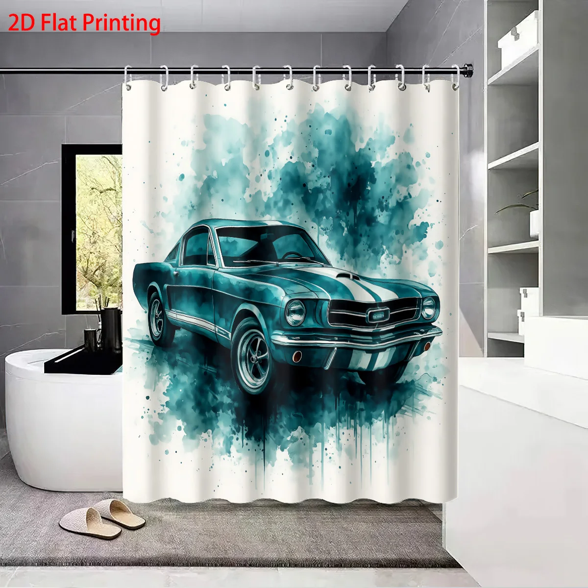 

Shower Curtain Vintage Car Watercolor Teal Stripe Classic Muscle Car Polyester 70.8x70.8 Inch Machine Washable