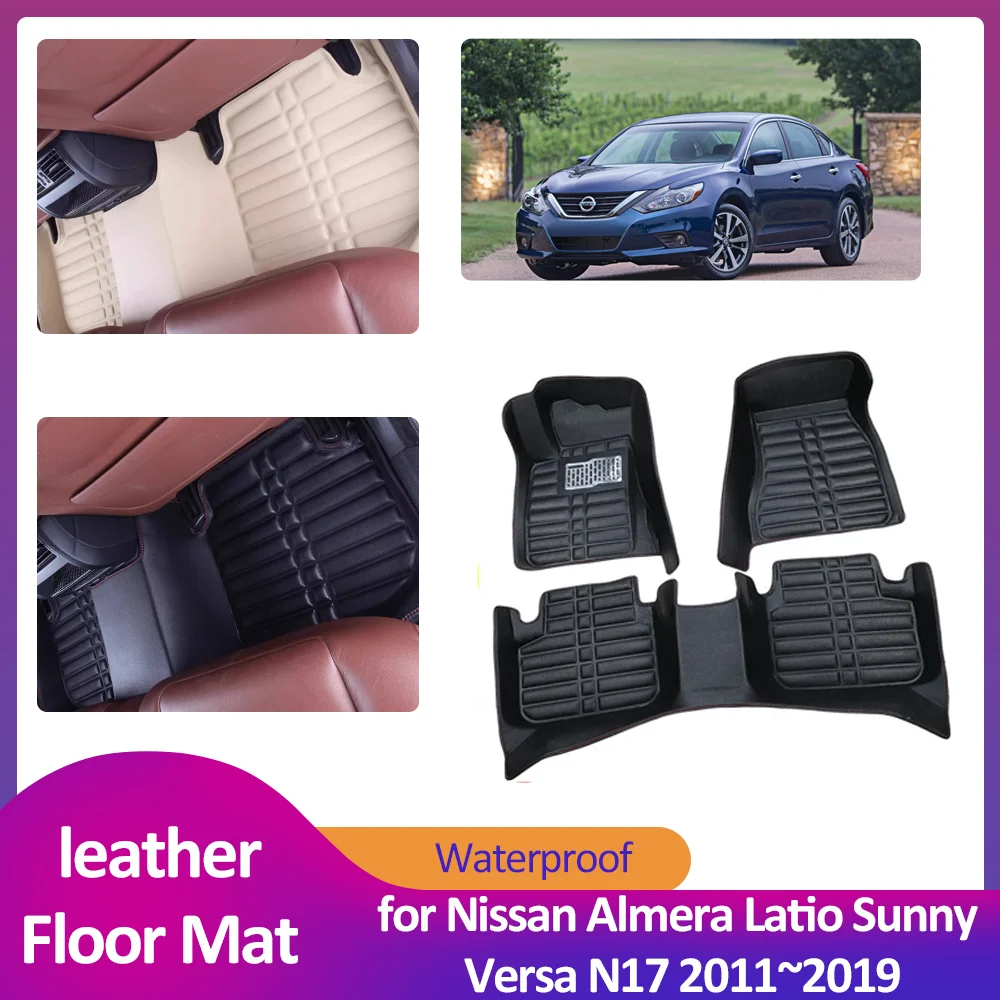 Car Floor Mat for Nissan Almera Latio Sunny Versa N17 2011~2019 Waterproof Leather Foot Liner Carpet Pad Custom Cover Accessorie