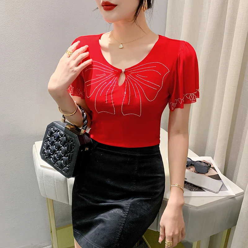 New 2024 Summer Short Sleeved Women\'s T-Shirt Fashion O-Neck Ruffles Hot Drilling Mesh Tops M-3XL Red Black Blusas Clothes