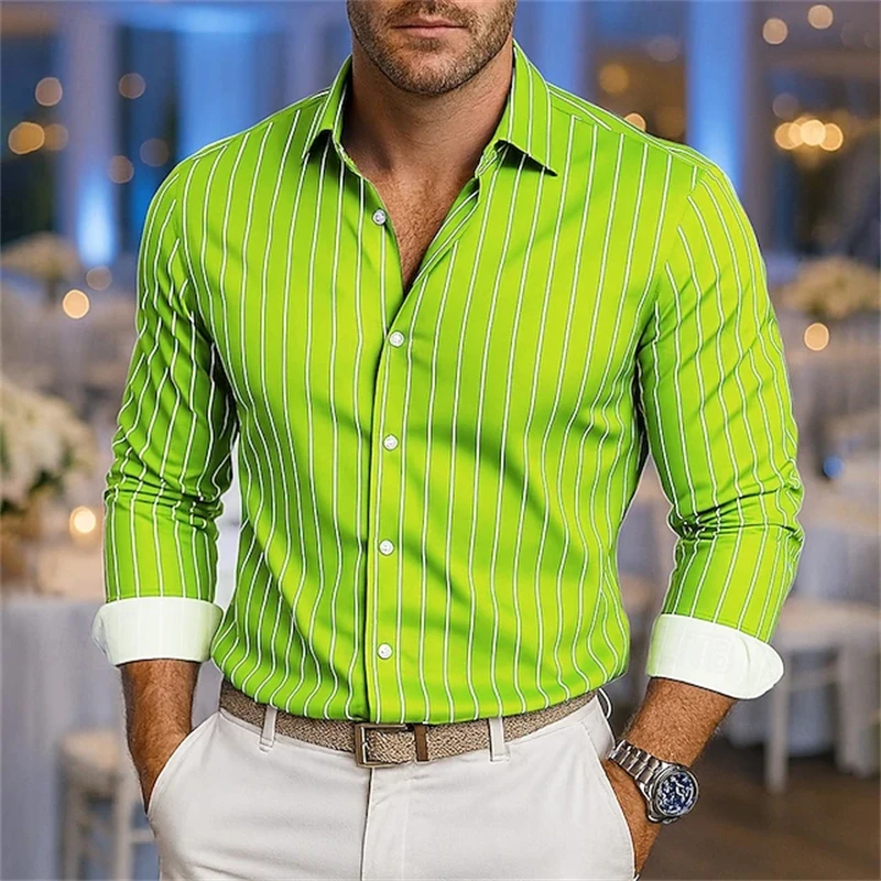 New Men's Autumn Striped Shirt Stylish Business-Casual Long-Sleeve Shirt with Collar and Button-Down Front Street-Style Top