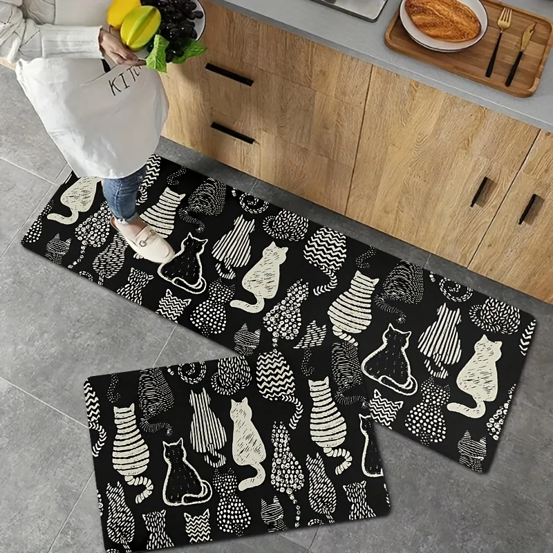 VIKAMA 1/2 Stück Küchenteppich mit Cartoon-Katzen-Design, rutschfeste Fußmatte, beliebtes Design, Wohnzimmer, bequemer Teppich, Heimdekoration