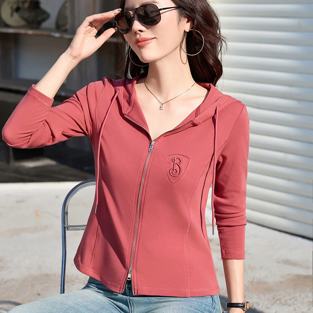 

Красная женская футболка с длинными рукавами в европейском стиле, новая осенняя модная высококачественная хлопковая мода плюс кардиган на молнии с капюшоном, повседневный топ