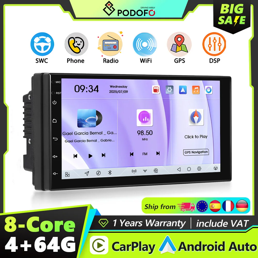 Autoradio Android Podofo 2Din 4+64G con Snapdragon 8 Core, Sistema Intelligente Universale per Auto, Carplay, Android Auto, GPS, WIFI, Mirror Link