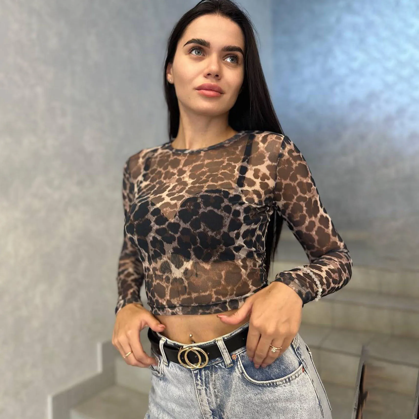 Spice girl leopardo impressão malha Top feminino, perspectiva sexy, verão, novo