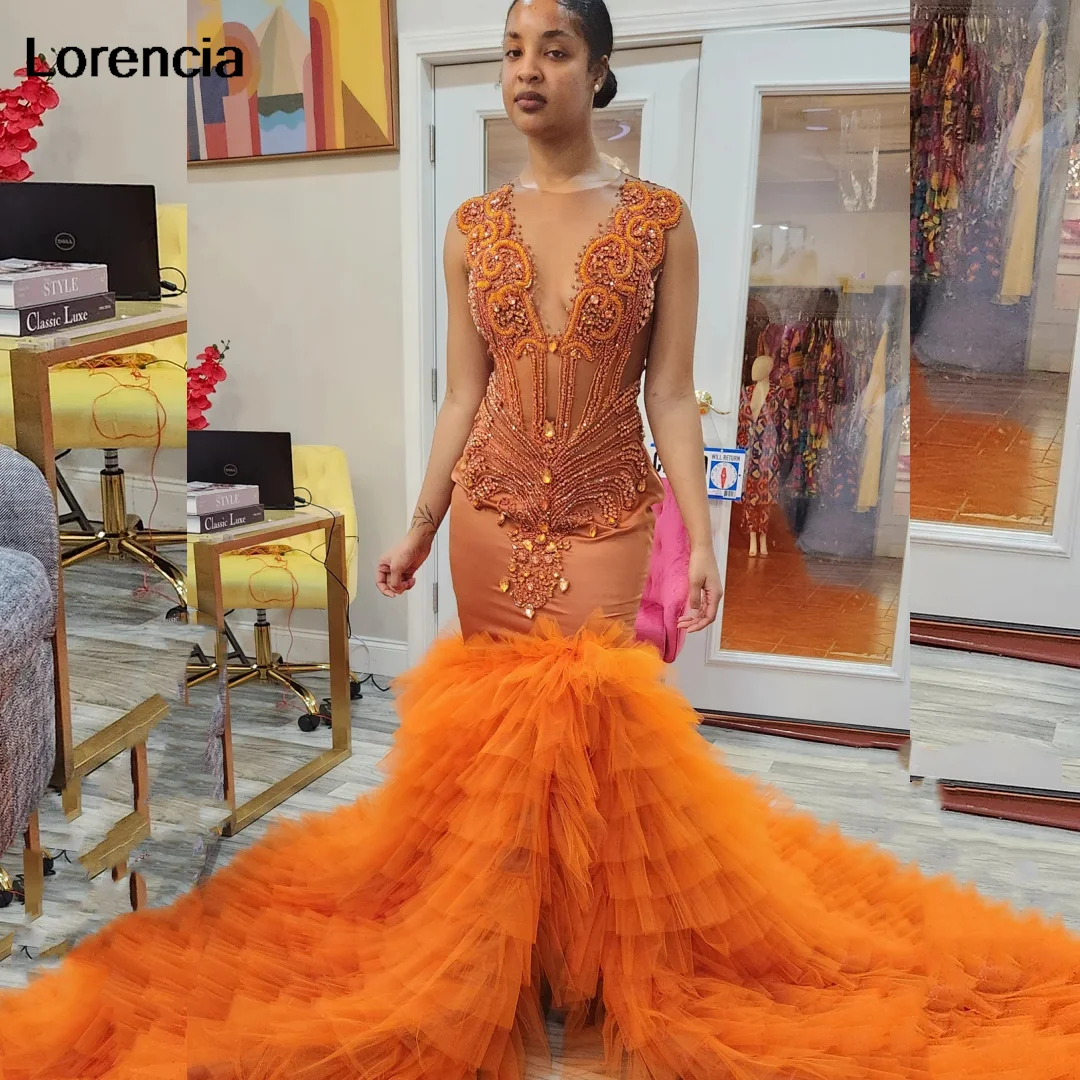 Lorencia-Vestido largo naranja con abertura alta para mujer, traje De graduación con cuentas De diamantes De imitación y volantes, para fiesta, YPD113