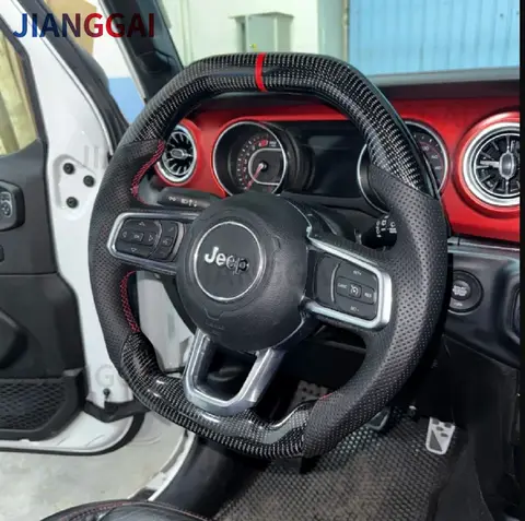 Carbon Fiber Perforated Leather Steering Wheel For Jeep Wrangler JL 2018-2024 Steering Wheel Flat Top Flat Bottom Accessories