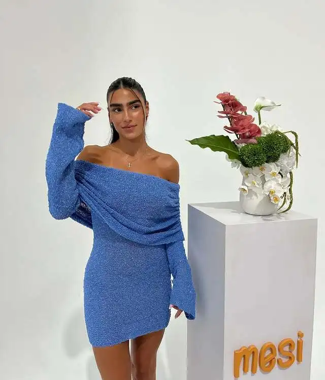 

SKMY 2025 Women Clothing Beach Vacation Sexy Short Dresses High Waist Knitted Hollow Out Off The Shoulder Long Sleeve Dress