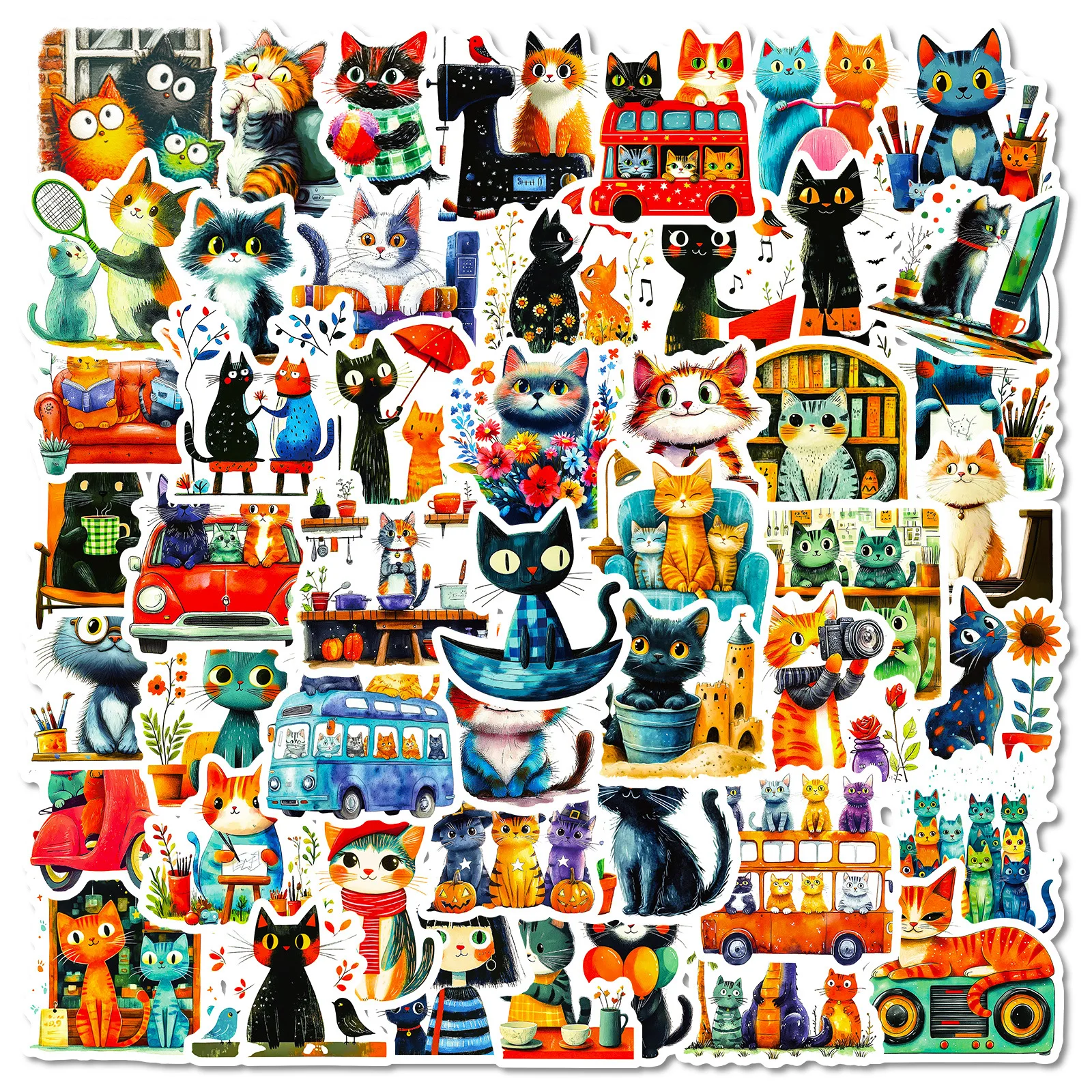 

56PCS Cartoon Cute Illustration Style Art Kitten Graffiti Sticker Creative Decoration Hand Account Mobile Phone Case Notebook