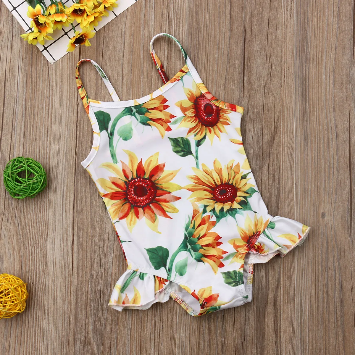 Infant Baby Girls Summer Swimsuit Sleeveless Sling Sunflower Print Ruffle Beachwear