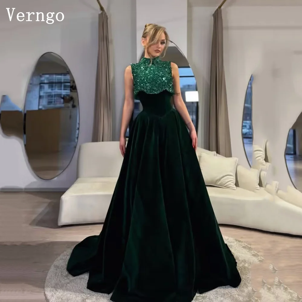 

Verngo Dark Green Velvet Evening Dress High Neck Sleeveless A Line Modern Prom Gowns Saudi Arabia Prom Party Dresses Customized