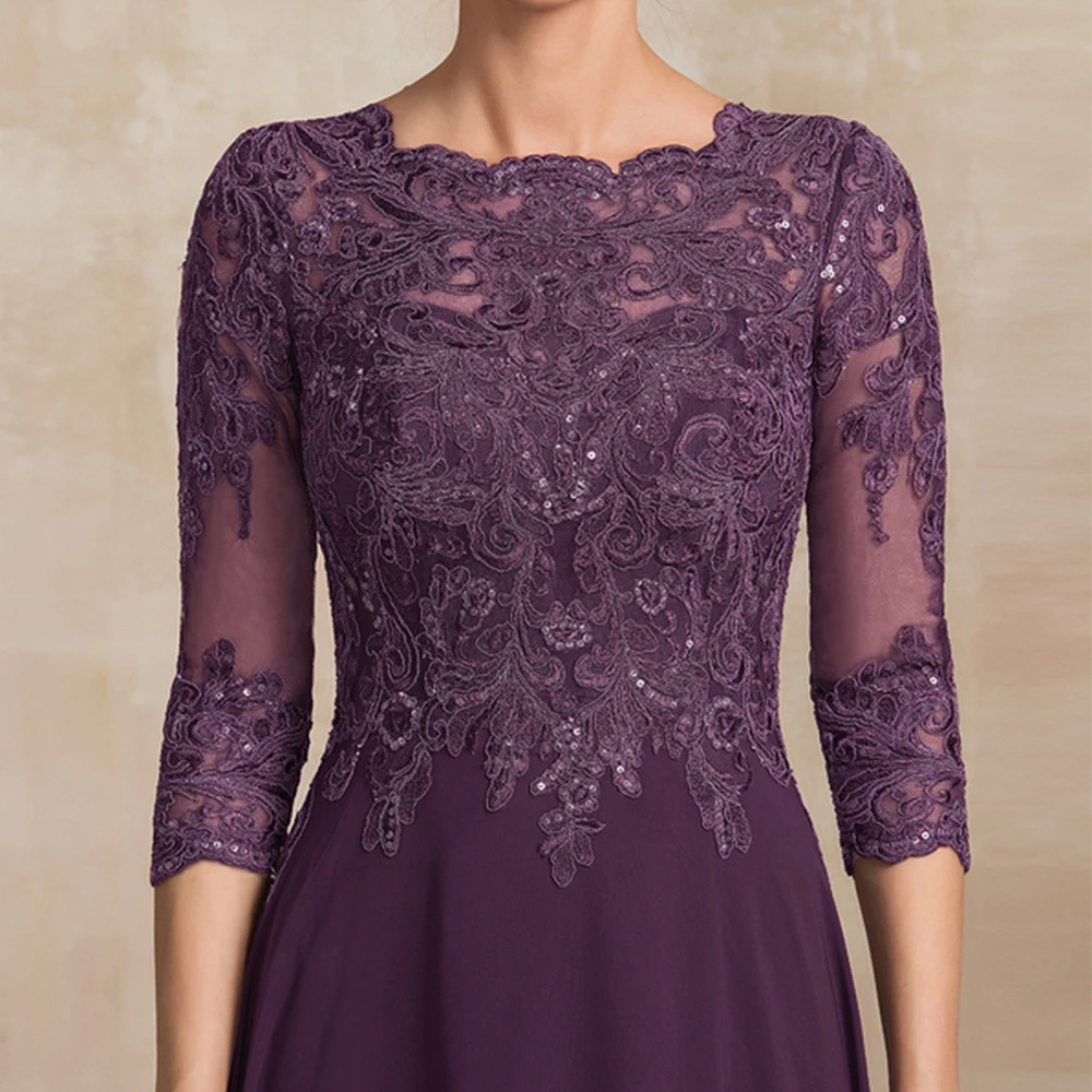 パープルスクープマザードレス 3/4スリーブ ウェディングパーティードレス レディース 2025 夏新作 シフォンビーチローブドソワレ