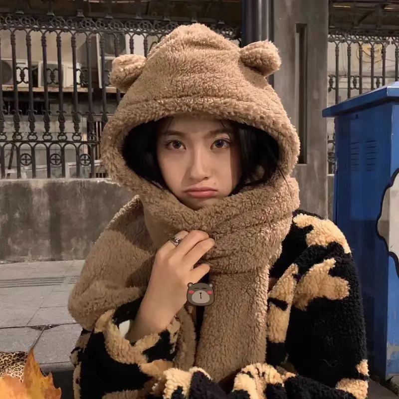 

Winter Bear Hat Plush Scarf Women's Cute Ear-Protector Gloves Three-Piece Set Warmth Neck Warmer Integrated Hood Design
