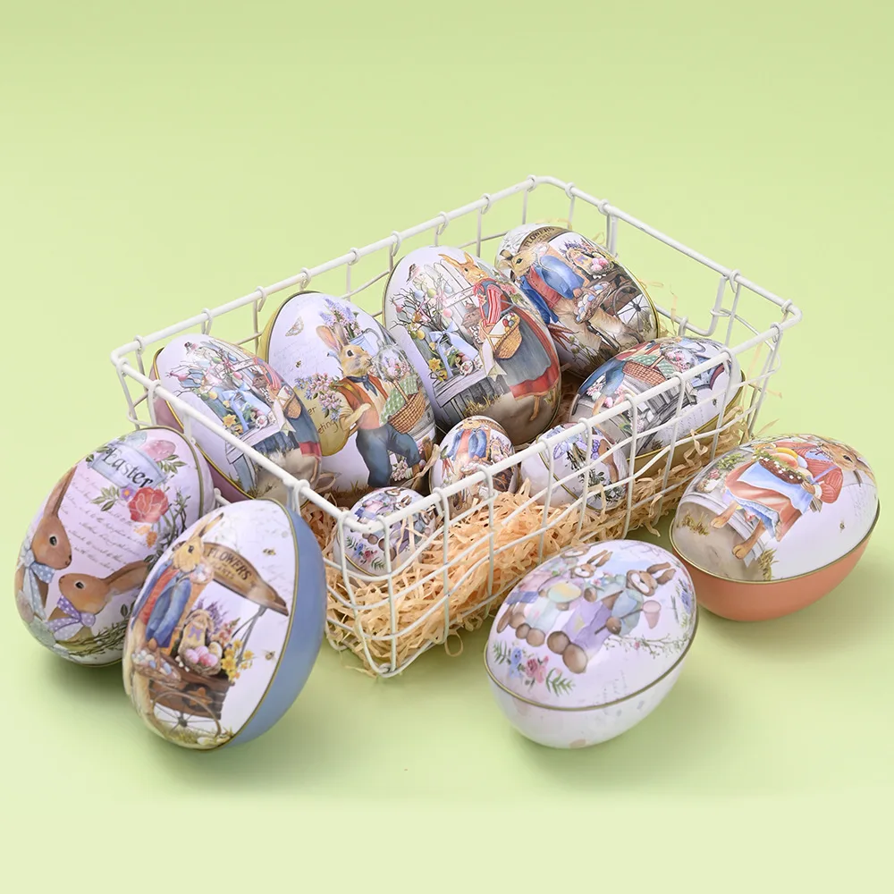 

6pcs Easter holiday Box Egg Shape Storage Can Chocolate Collect box Rabbit Printing tin gift case Pill Storage box