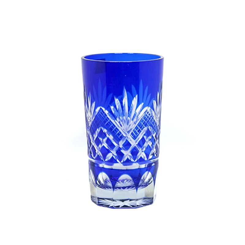 2 Pieces Blue Japanese Edo Kiriko Hand Cut To Clear Wine Glass Tumbler 180ml/6oz