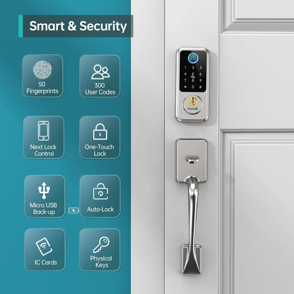 Hornbill Smart Lock with Front Door Handle Set - Keyless Entry with Handleset - Smart Deadbolt with 5 IC Cards