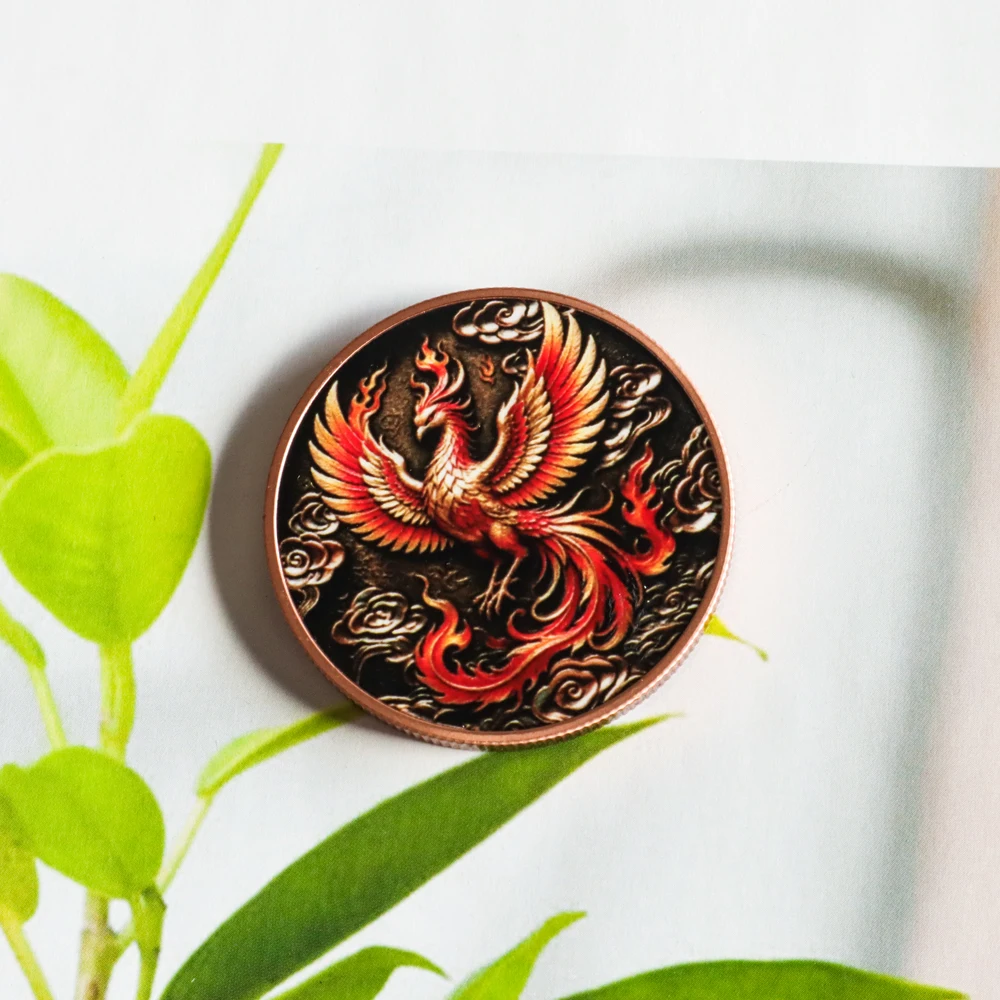 1pc 1oz Pure Copper Mythical Phoenix Reborn from the Ashes Commemorative Coin Fire Phoenix Artwork Souvenir Coin Home Decor Gift