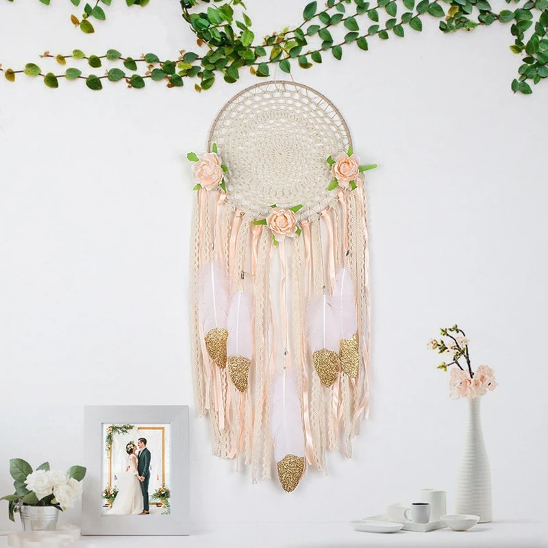 Woven Flower Feathers Dreamcatcher Boho Macrame Hanging Dream Catcher DIY Wind Chimes Wall Art Wedding Decoration