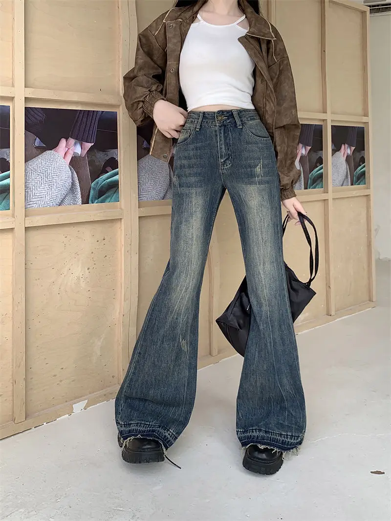 Vintage Y2K 90s Blue Women Jeans American Retro Chic Office Ladies Pockets Basic Female Flare Trousers High Waist Casual Pants