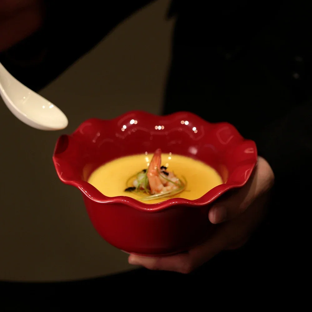 Floral Edge Porcelain Bowl Korean Style Ins Solid Color Glossy Ceramic Dinnerware Fruit Yogurt Salad Milk Oats Breakfast Bowls