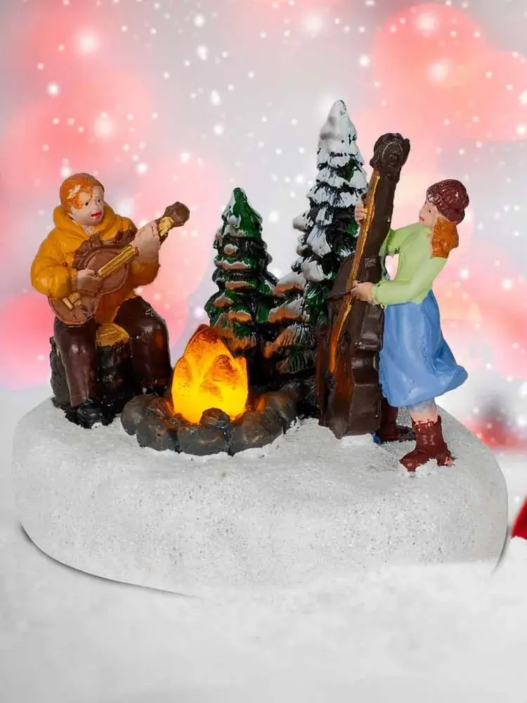 Handbemalte Beleuchtete Weihnachtsdorf-Figur mit Lagerfeuer-Musik-Szene Winterliche Tischdekoration Handgefertigte Weihnachtsdekoration – Detail 7