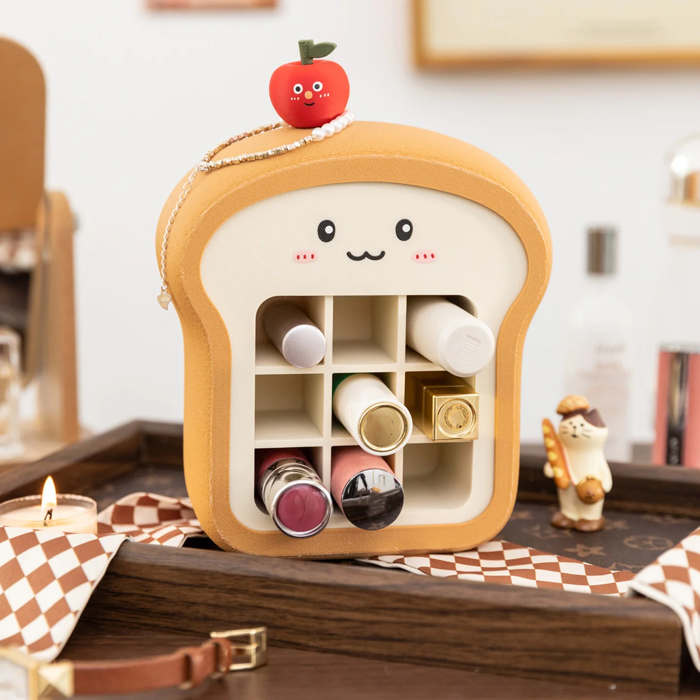 Caja organizadora de maquillaje con diseño de pan de 9 compartimentos, pequeña, para perfumes, bálsamos labiales, brillos labiales y delineadores, ideal como regalo.