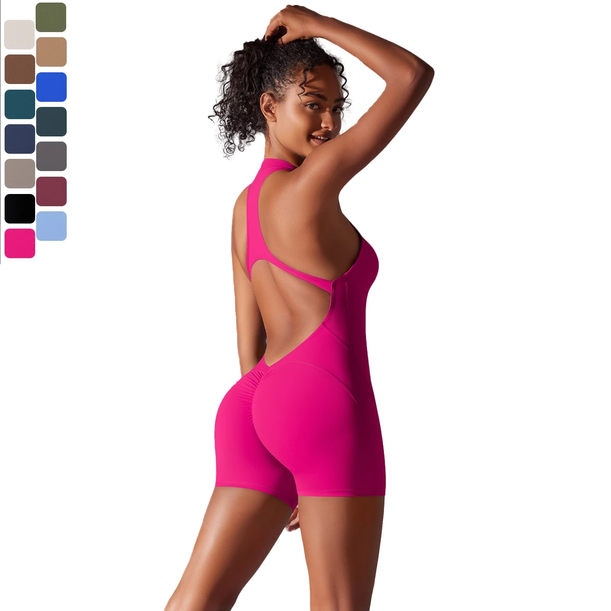 

Цельный облегающий спортивный однотонный комбинезон высокой интенсивности с открытой спиной, боди для тренировок в тренажерном зале, комплект для йоги на молнии с короткими рукавами