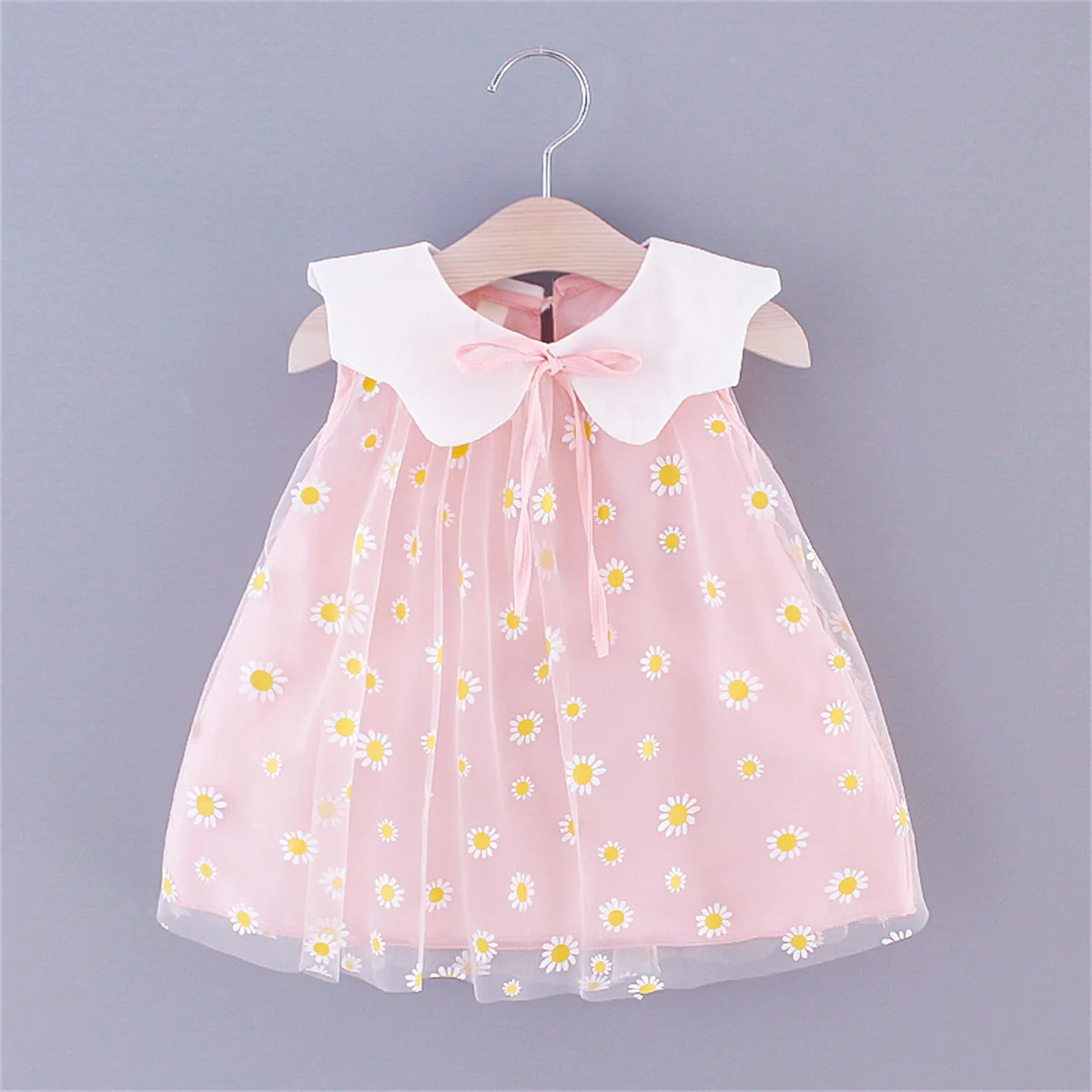 Summer Children's Dress Girl's Little Daisy Big Flip Collar Solid Color Sleeveless Sweet Cute Mesh Dress