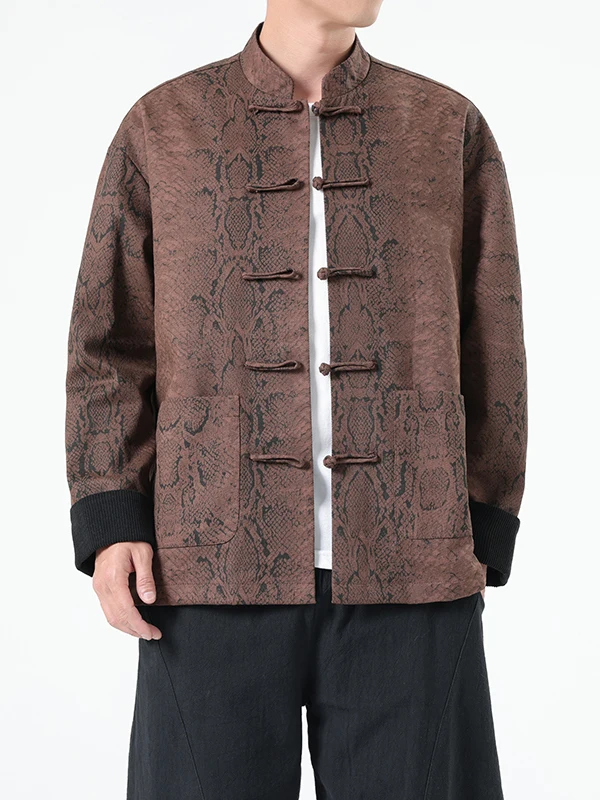 

Retro Chinese Sle Casual Jaet Men's Autumn Winter Loose Fit Long Sve irt Coat with Button Decor Stand Fit Youth T...