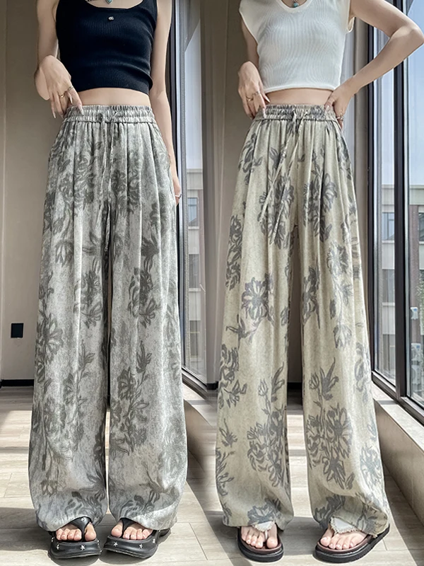 

Ретро-брюки синего цвета с фарфоровым принтом, свободные, широкие, драпированные, тонкие, летние, повседневные, модные, с высокой талией, прямые, в стиле трубы