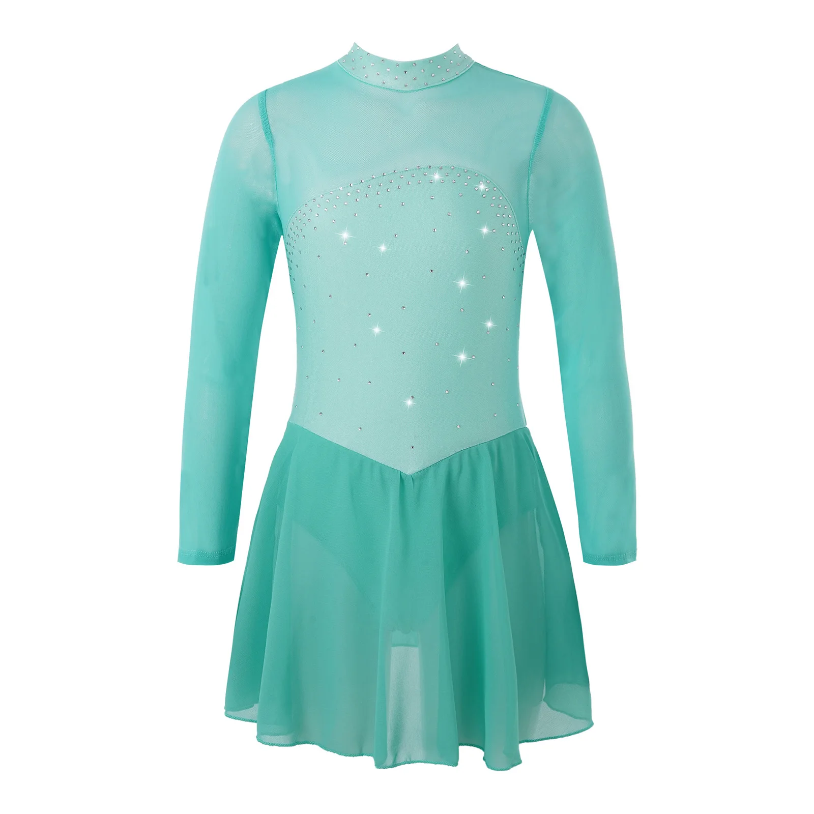 Kid Girls Lyrical Dance Costume Rhinestone Decorated Mesh Patchwork Long Sleeve Back Hollow Dress Bodysuits Ice Skating Wear