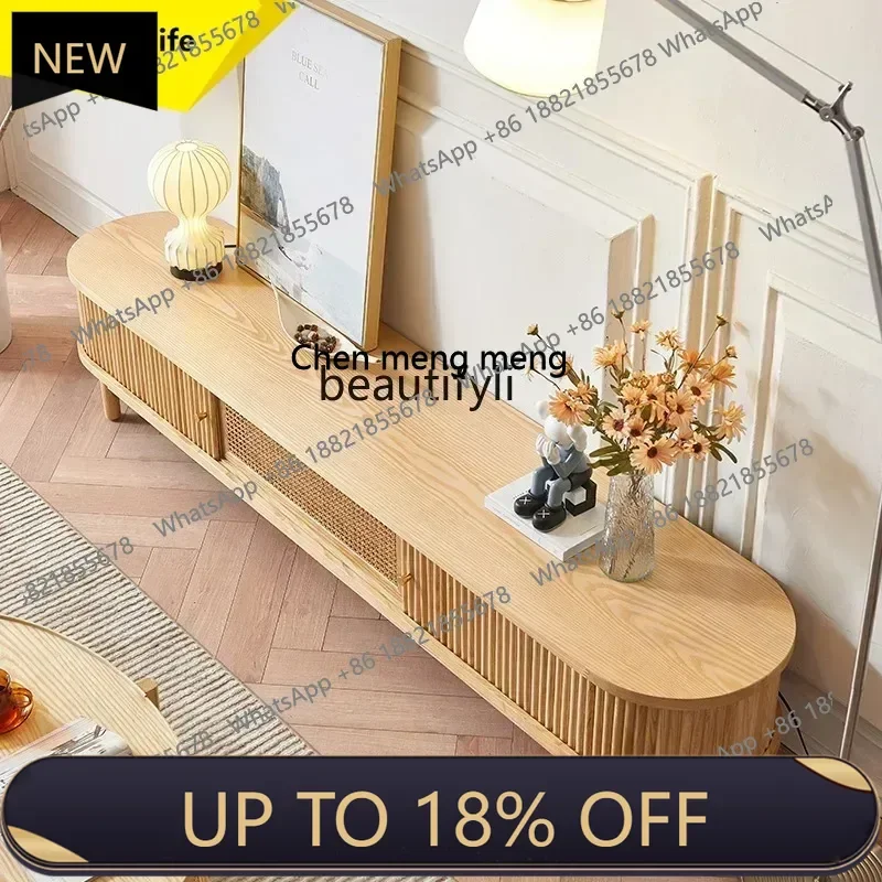 

P178 Vintage Rattan TV Cabinet White Ash Wood Home Small Apartment Japanese Living Room Solid Wood Rolling Door Audiovisual Cabi