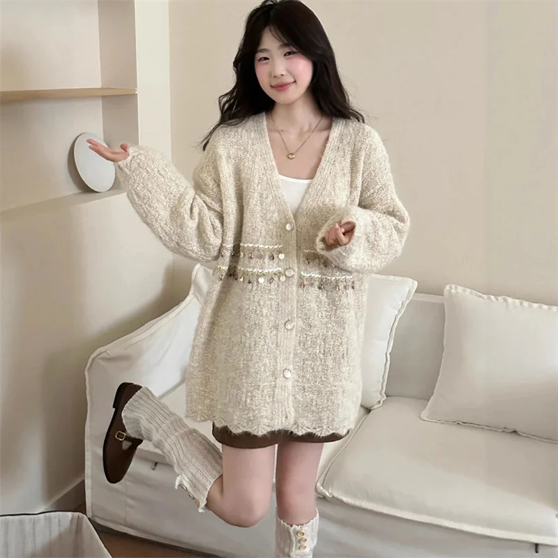 고급 니트 스웨터 가디건 여성용 초가을 2025 신상 비볼링 V넥 롱 슬리브 레귤러 얇은 아우터웨어