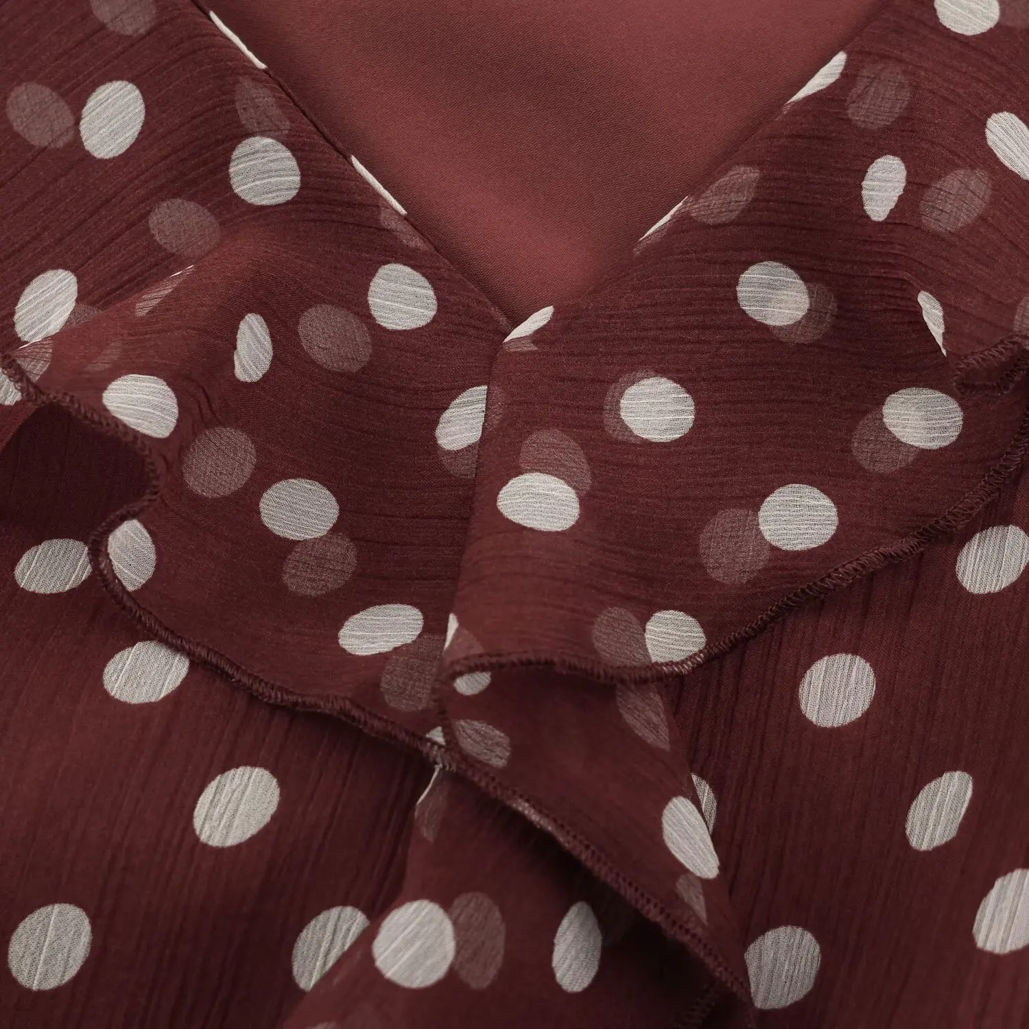 BSAY 2026 Herbst Vintage Polka Dot Damenbluse mit V-Ausschnitt, geschichtetem Rüschensaum, Laternenärmeln, Kordelzug am Ärmelbund und lässigem Schnitt – Detail 10