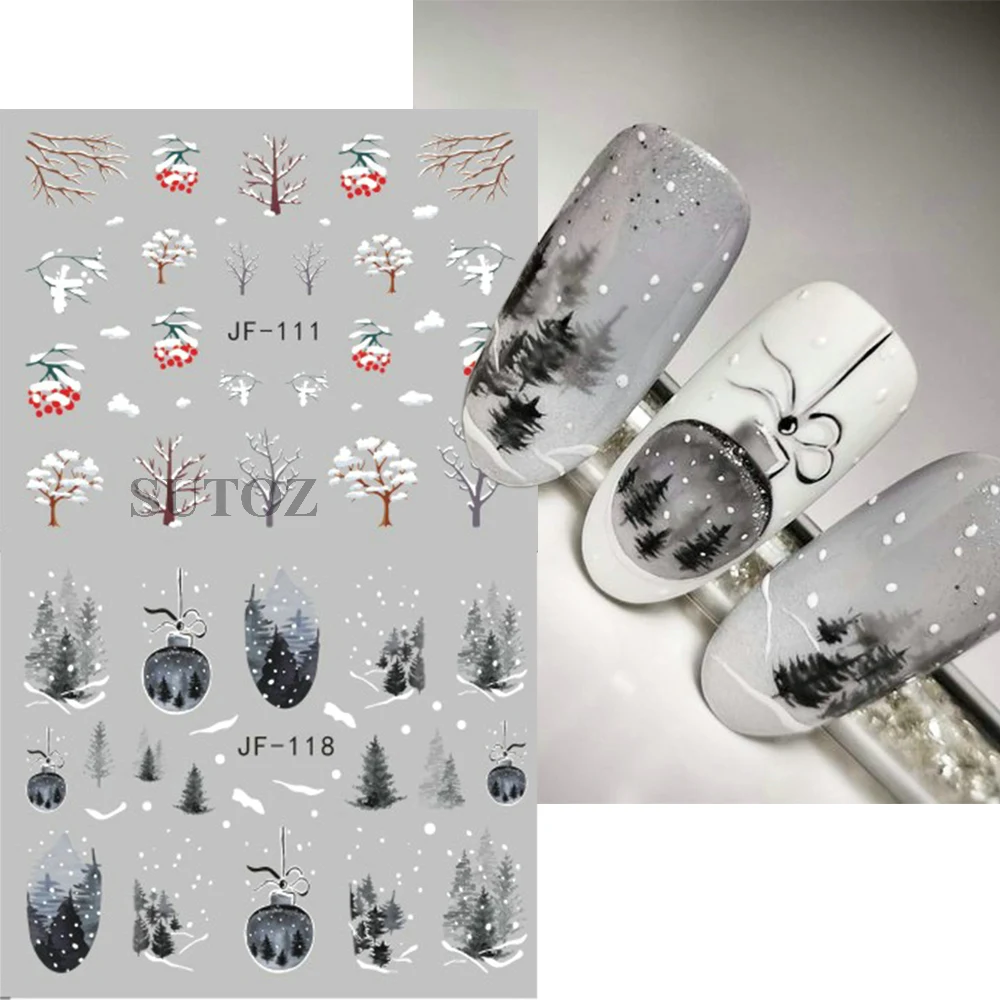 Christmas Water Nail Decals Winter Forest Nail Stickers Snowy Tree New Year Decoration Transfer Sliders for Manicure NTJF109-120