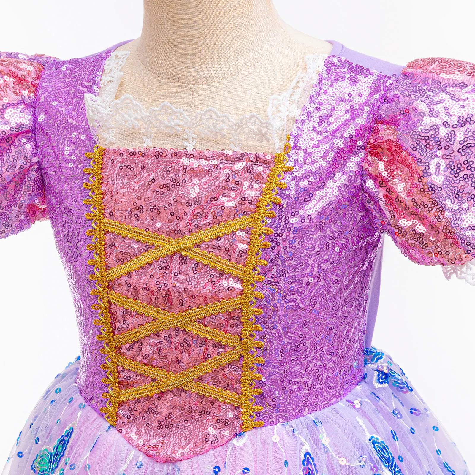 Mädchen Lila Leuchtendes Prinzessinnenkleid Puffärmel Pailletten-Oberteil Schmetterlings-Tüllkleid Kinder Halloween Party Cosplay Rapunzel Kostüm – Detail 4