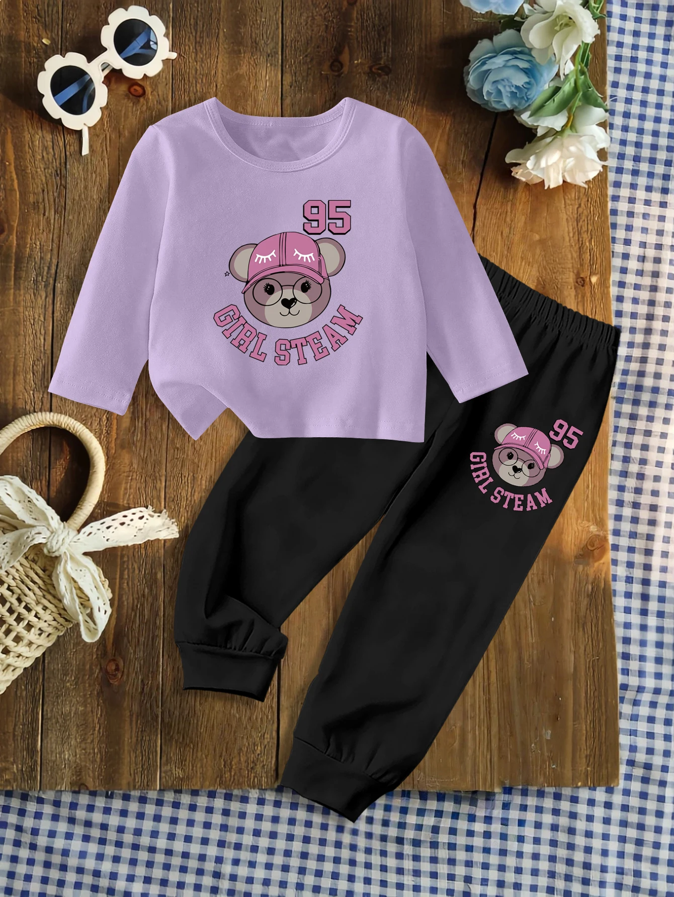 

Комплект из 2 предметов: осенний комплект одежды для девочек с рисунком медведя — милая милая нижняя рубашка и спортивные штаны