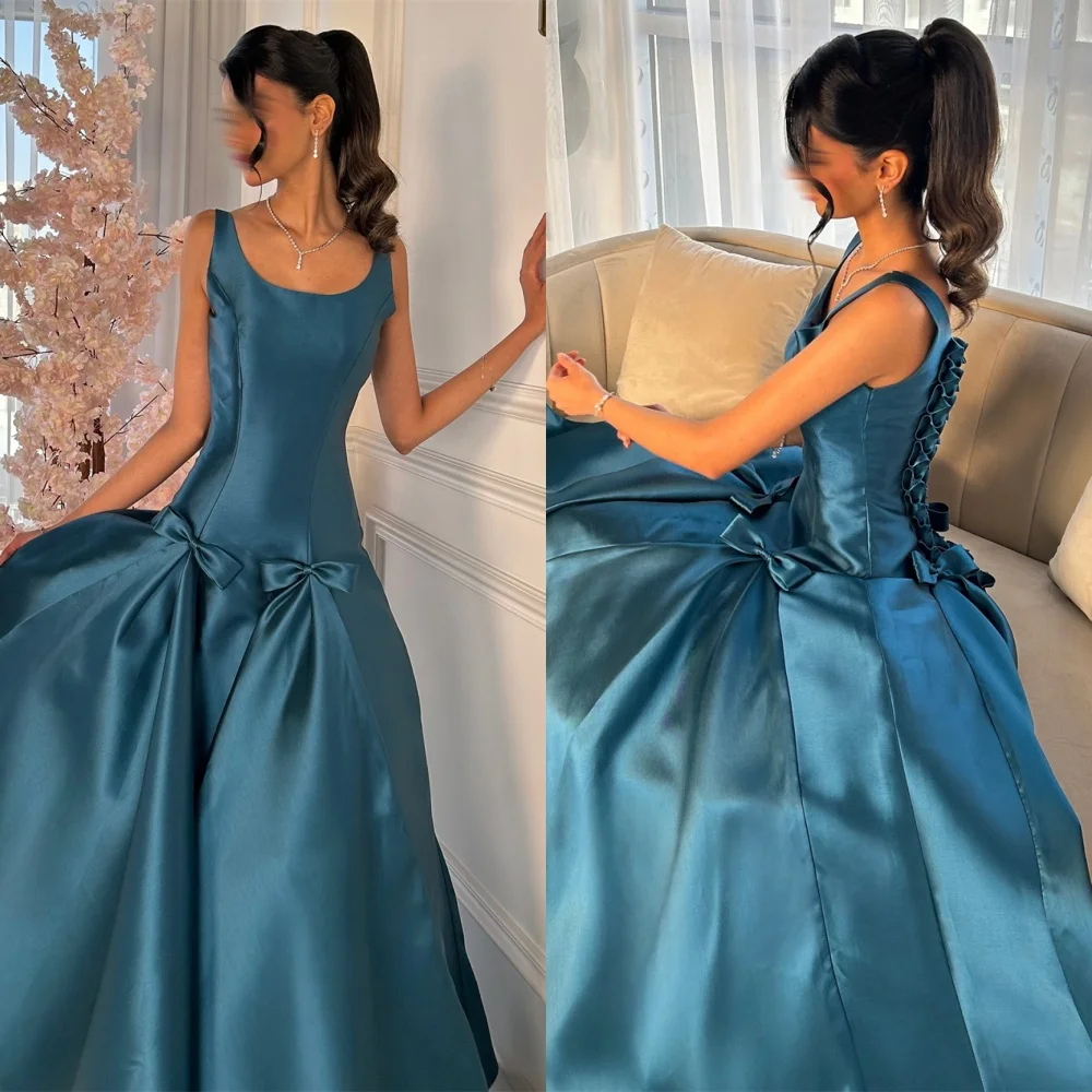 Vestidos de noche de satén brillantes personalizados, exquisitos vestidos de fiesta sin mangas sin tirantes, vestidos para ocasiones especiales con lazo a la moda