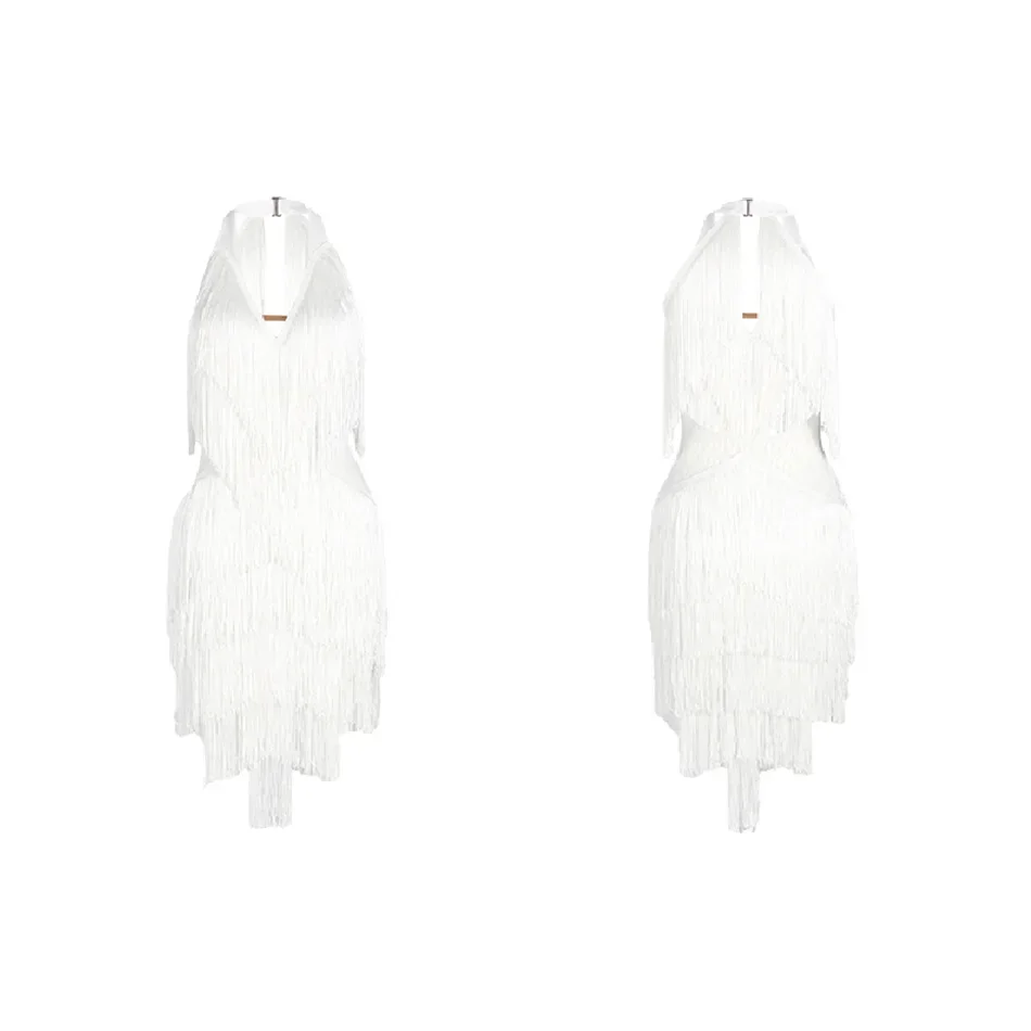 Robes de concours pour femmes, Costume de danse de salle de bal, entièrement pompon, dos nu, robe de danse latine