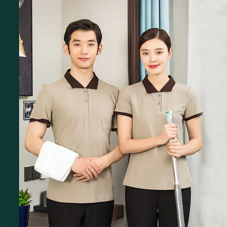 wholesale logo custom hotel restaurant bar labor work wear cleaner receptionist cleaning housekeeping staff uniform polo tshirt