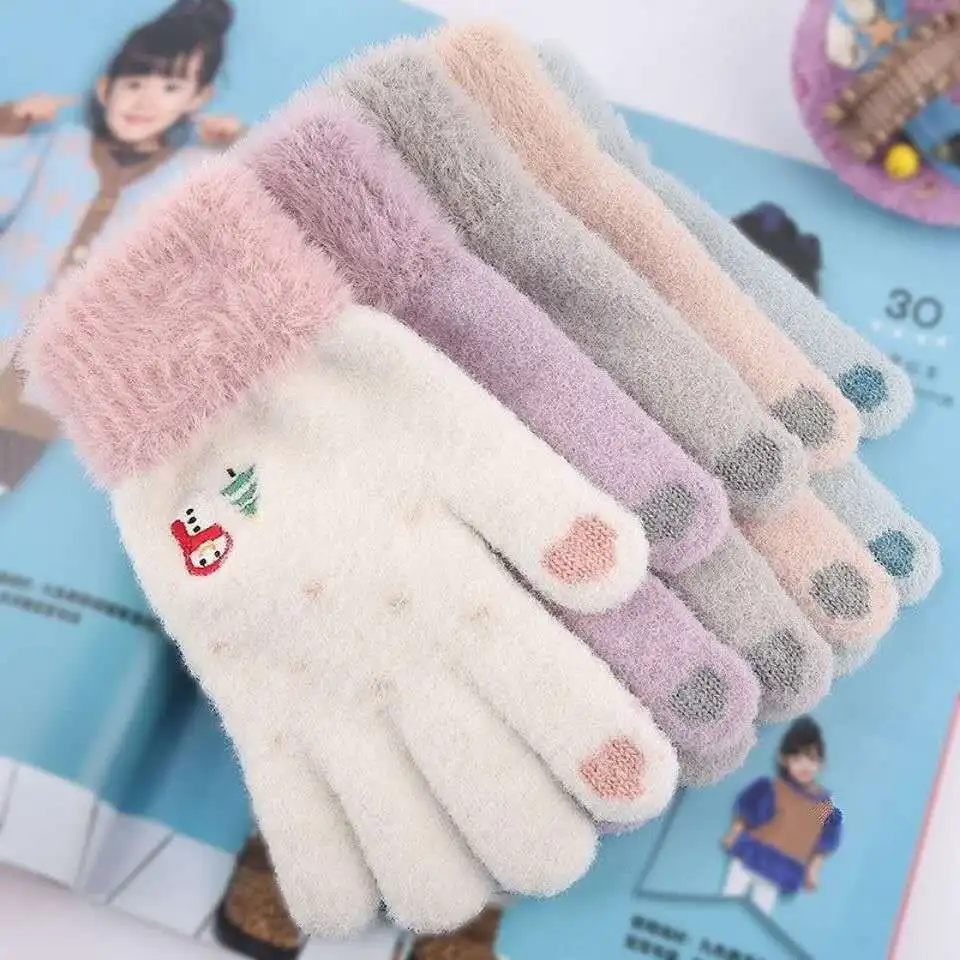 Gants d'hiver chauds et doux en fourrure pour femmes et filles, plein doigt, pour écran tactile, joli bonhomme de neige, broderie à cinq doigts, pour tricot, T06