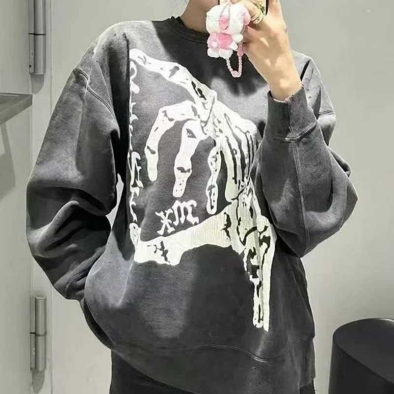

Streetwear Saint Hoodies Skeleton Hand Crewneck Wash Do Old Hole Sweatshirt Casual Loose Sport Pullover