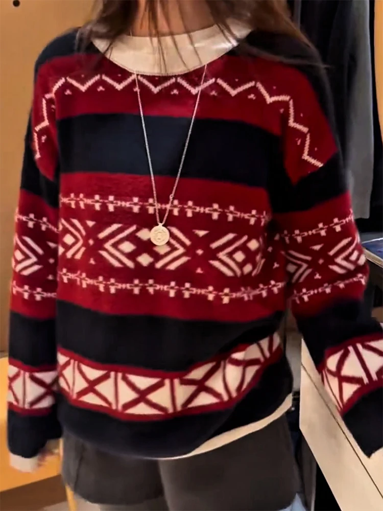 

Korean Sle Fair Isle Retro Color Blo Knit Sweater Autumn Winter New Arrival plus Size Versatile Slimming Top