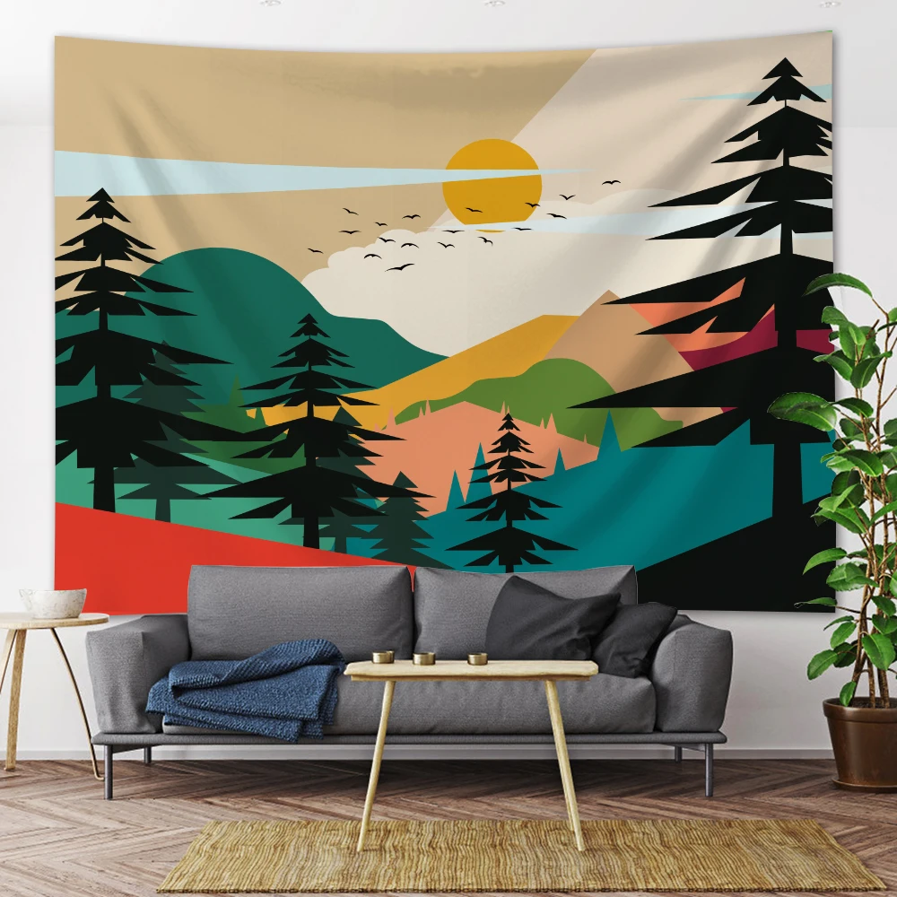 

Nordic Mountains Sunrise Misty Forest Psychedelic Scene Home Decor Tapestry Hippie Wall Hanging Boho Yoga Mat Room Wall Decor