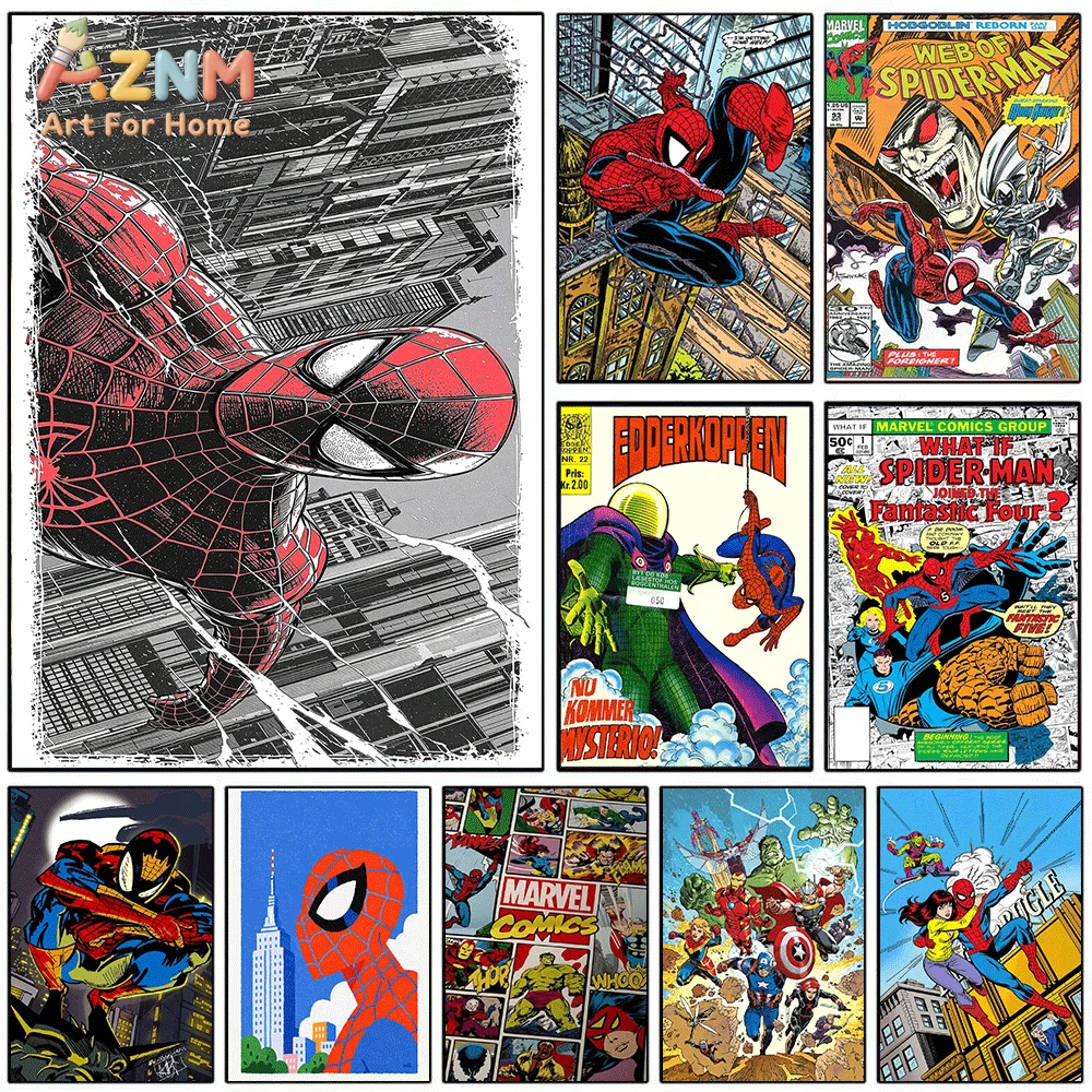 AZNM Spiderman City Building Comic Canvas Wall Print, Vintage Superhero Comic Book Art Poster, Unframed Canvas Painting for Bo